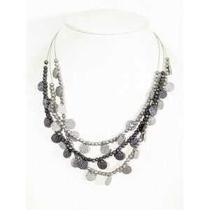 Triple Layer Hammered Pebble Disc Necklace Wire Chain Silver Gunmetal 20"